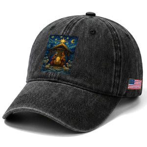 Jesus Christmas Washed Cotton Baseball Cap Starry Night Nativity Scene Xmas TS14 Print Your Wear