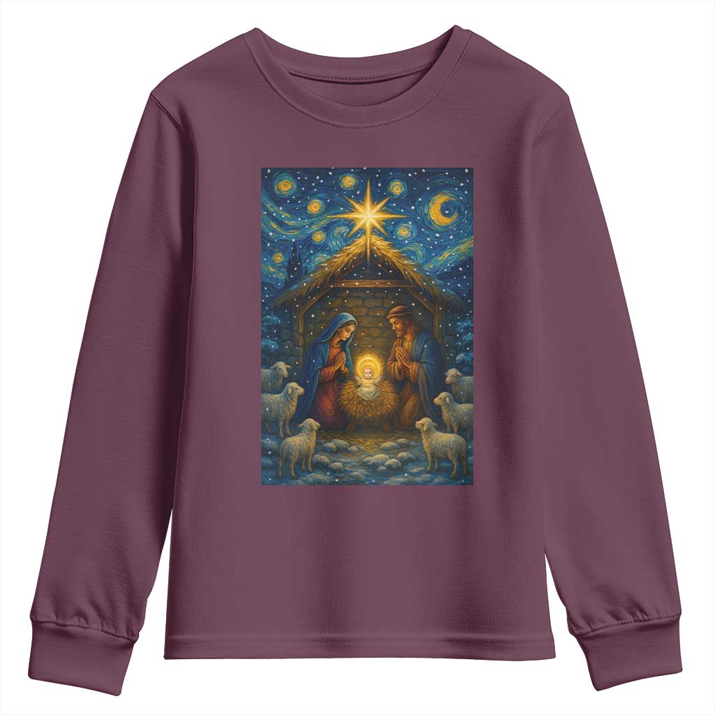 Jesus Christmas Youth Sweatshirt Starry Night Nativity Scene Xmas TS14 Maroon Print Your Wear