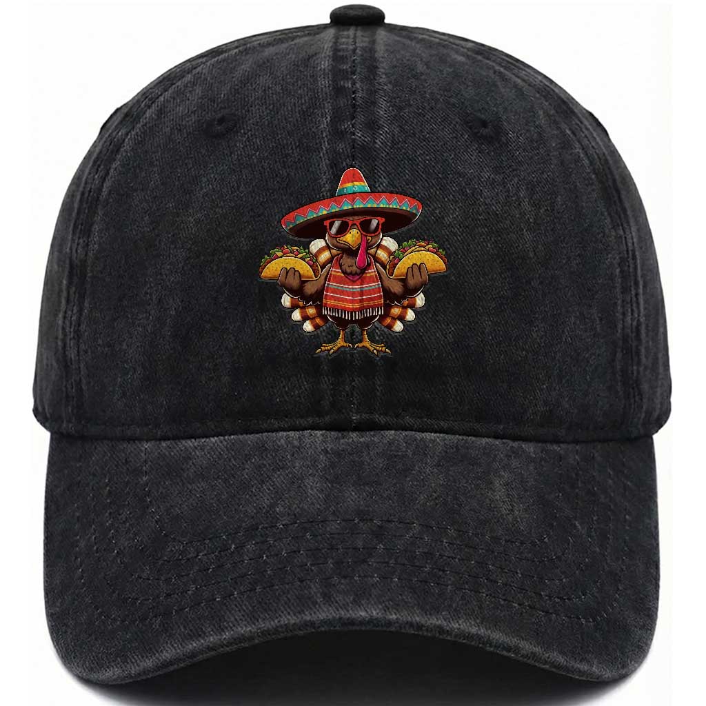 Funny Thanksgiving Turkey Washed Cotton Baseball Cap Taco Mexican Christmas TS14 Washed Cap Universal Fit Black Print Your Wear