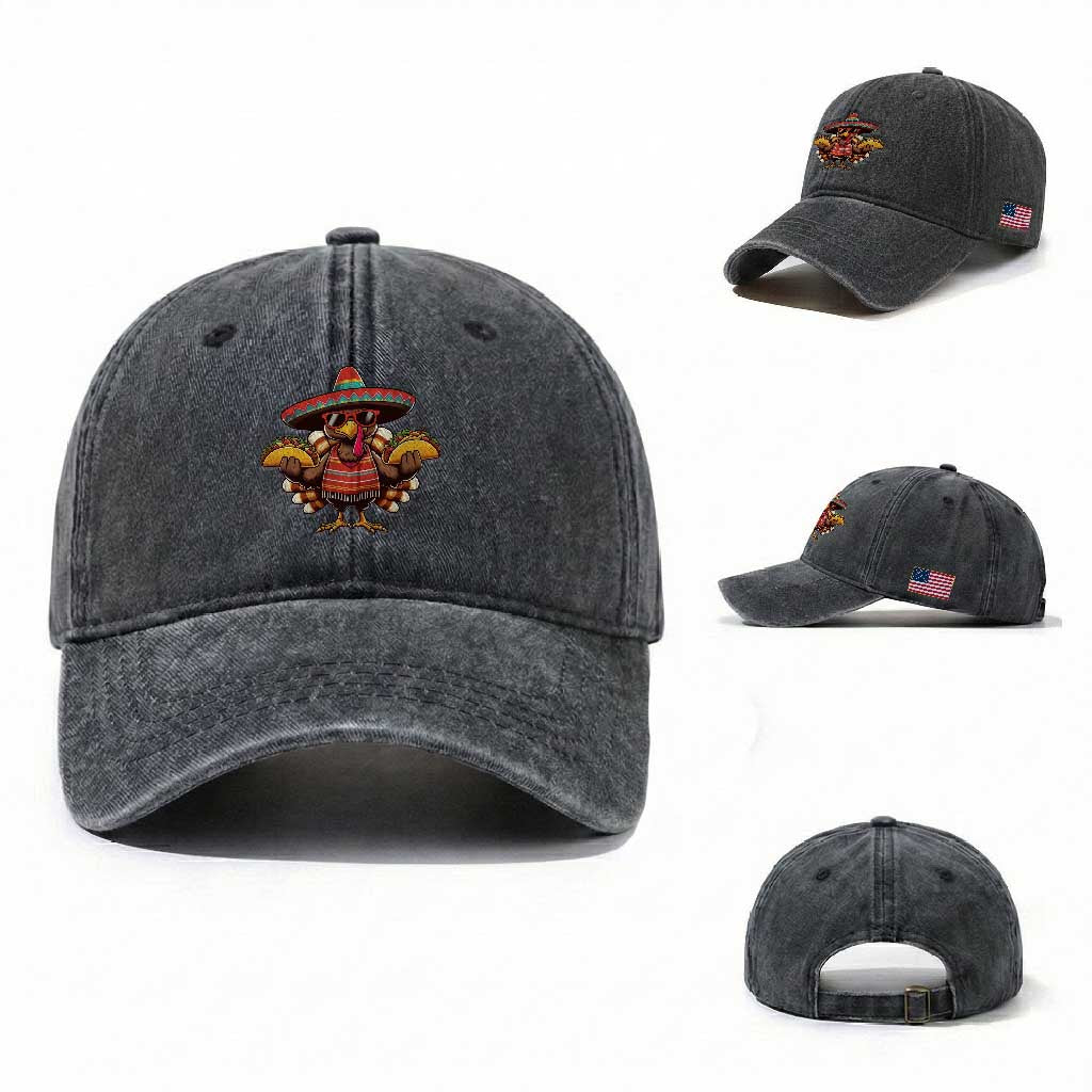 Funny Thanksgiving Turkey Washed Cotton Baseball Cap Taco Mexican Christmas TS14 Washed Cap Universal Fit Dark Gray Print Your Wear