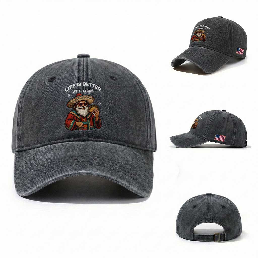 Funny Santa Taco Mexican Washed Cotton Baseball Cap Life Is Better With Tacos TS14 Washed Cap Universal Fit Dark Gray Print Your Wear
