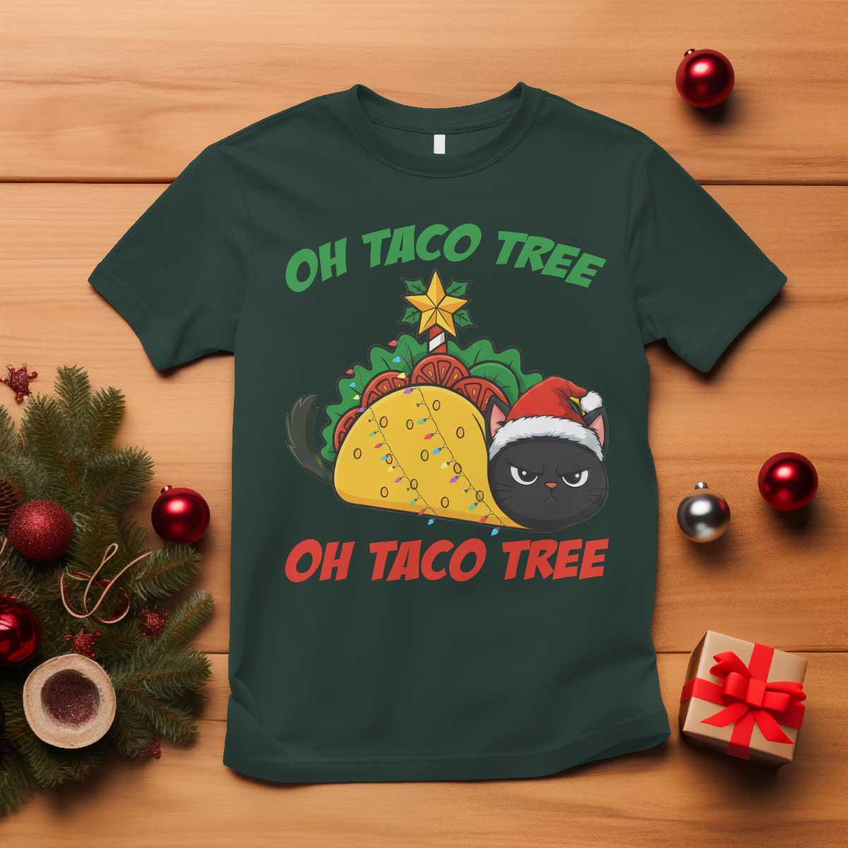 Funny Taco Cat Tree Christmas T Shirt TS14 Dark Forest Green Print Your Wear