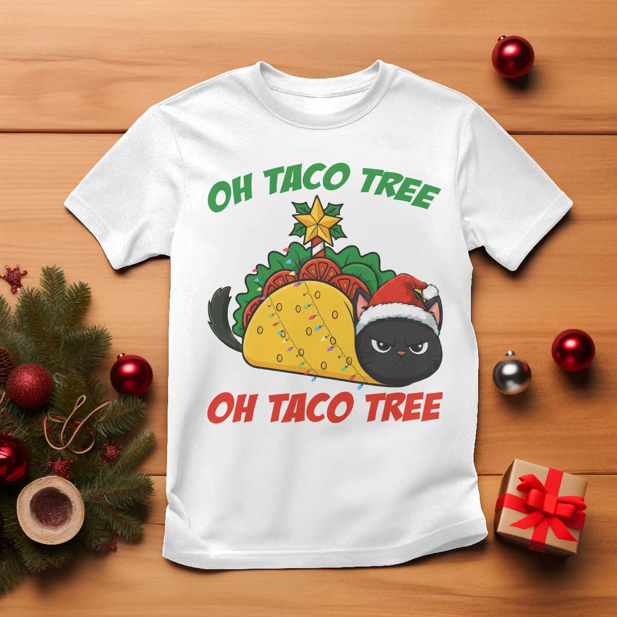 Funny Taco Cat Tree Christmas T Shirt TS14 White Print Your Wear
