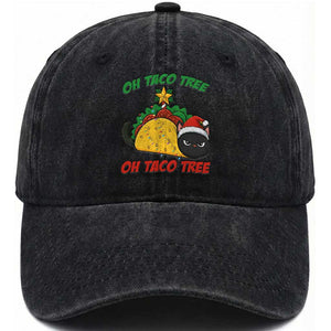 Funny Taco Cat Tree Christmas Washed Cotton Baseball Cap TS14 Washed Cap Universal Fit Black Print Your Wear