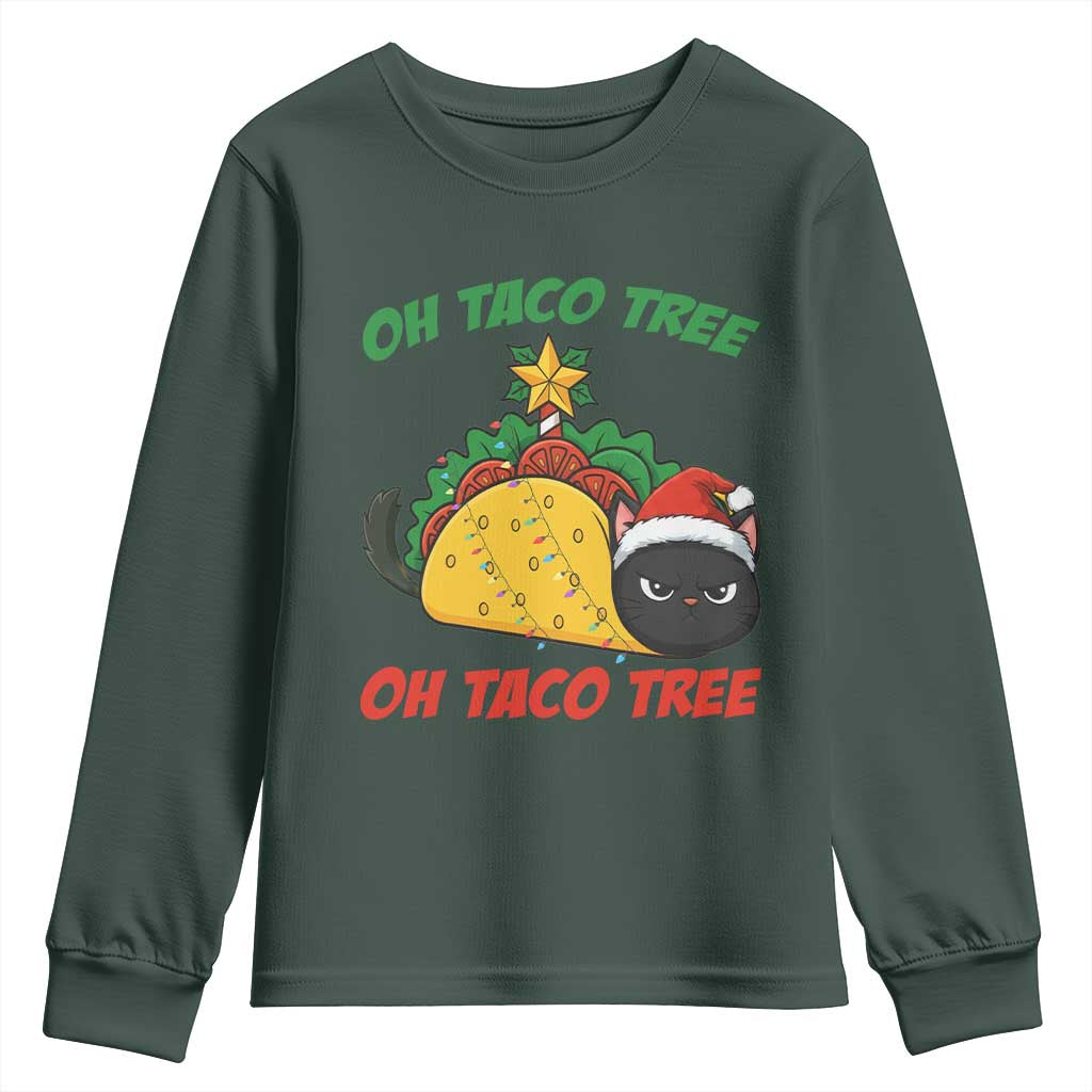 Funny Taco Cat Tree Christmas Youth Sweatshirt TS14 Dark Forest Green Print Your Wear