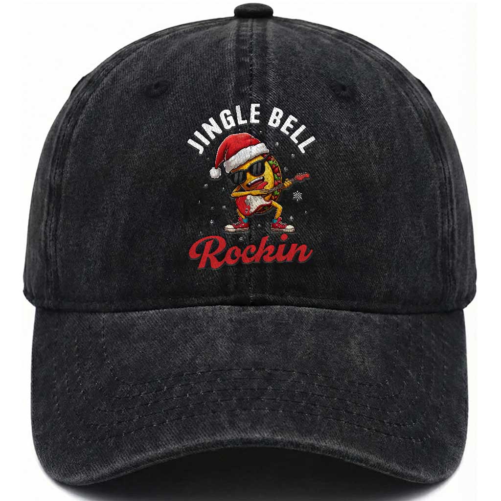 Funny Taco Christmas Washed Cotton Baseball Cap Jingle Bell Rockin TS14 Washed Cap Universal Fit Black Print Your Wear