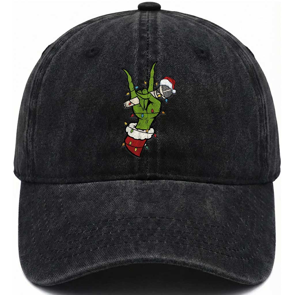 Funny Christmas Rock Washed Cotton Baseball Cap Rock Green Hand Style Xmas TS14 Washed Cap Universal Fit Black Print Your Wear