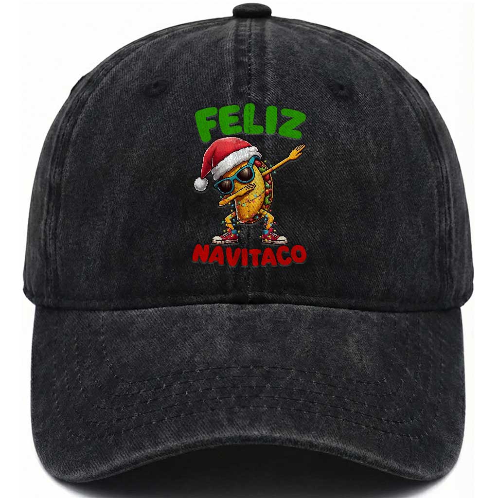 Funny Taco Mexican Christmas Washed Cotton Baseball Cap Feliz Navitaco TS14 Washed Cap Universal Fit Black Print Your Wear