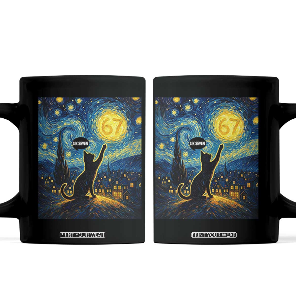 67 Cat Meme Coffee Mug Funny Six Seven Cat Starry Night Van Gogh TS14 Black Print Your Wear