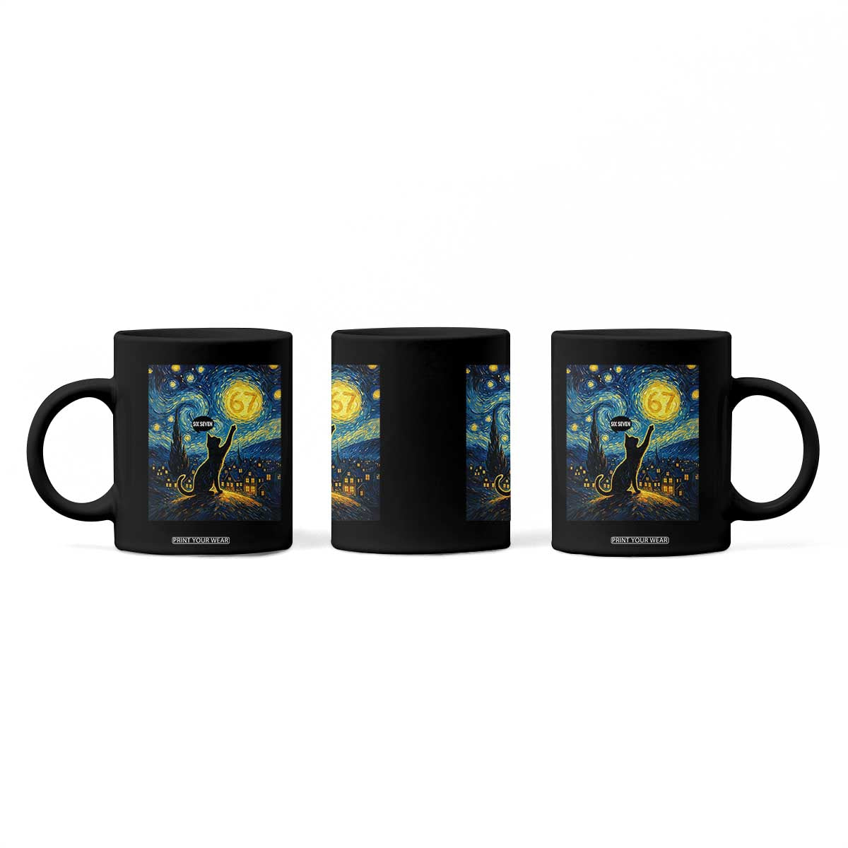 67 Cat Meme Coffee Mug Funny Six Seven Cat Starry Night Van Gogh TS14 Print Your Wear