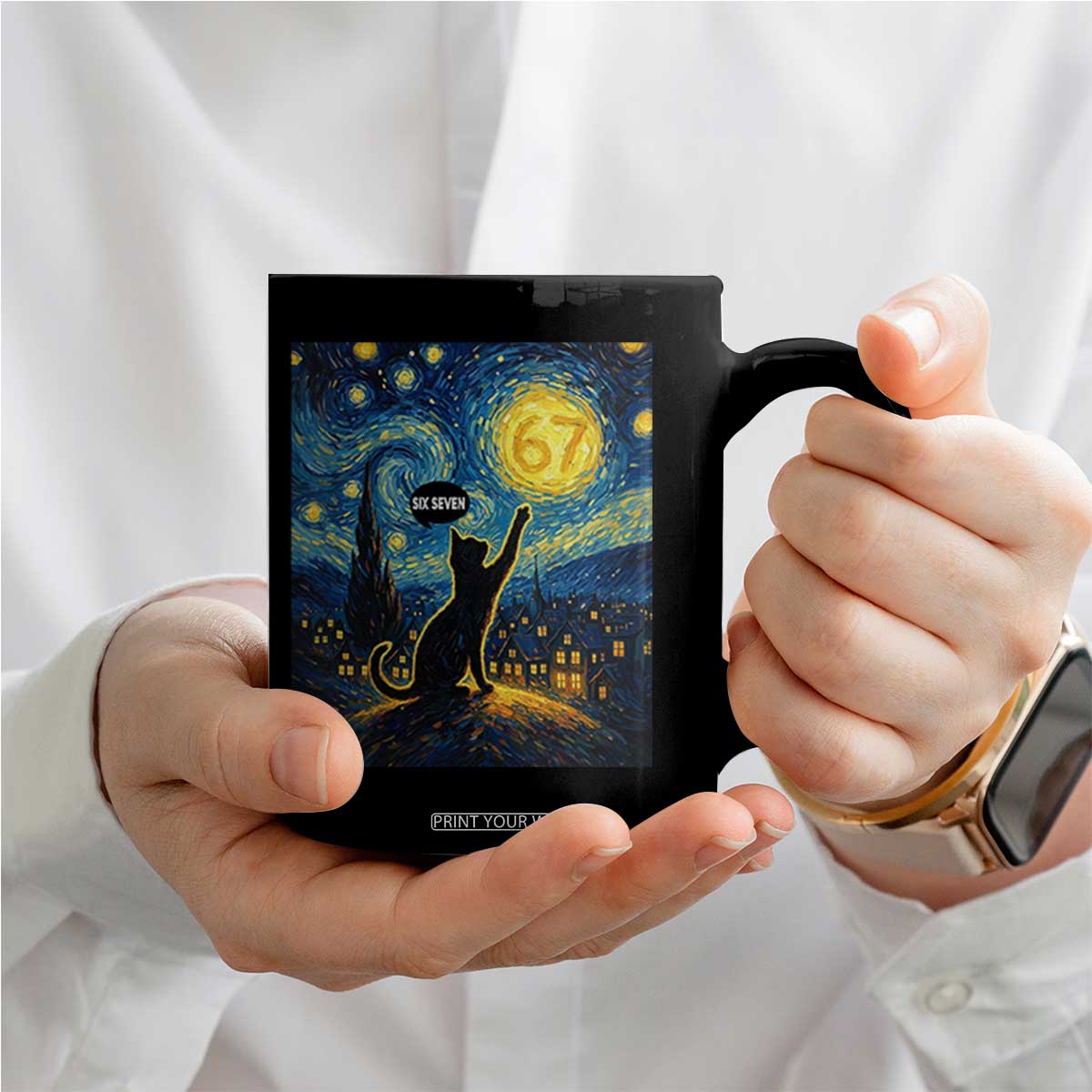 67 Cat Meme Coffee Mug Funny Six Seven Cat Starry Night Van Gogh TS14 Print Your Wear