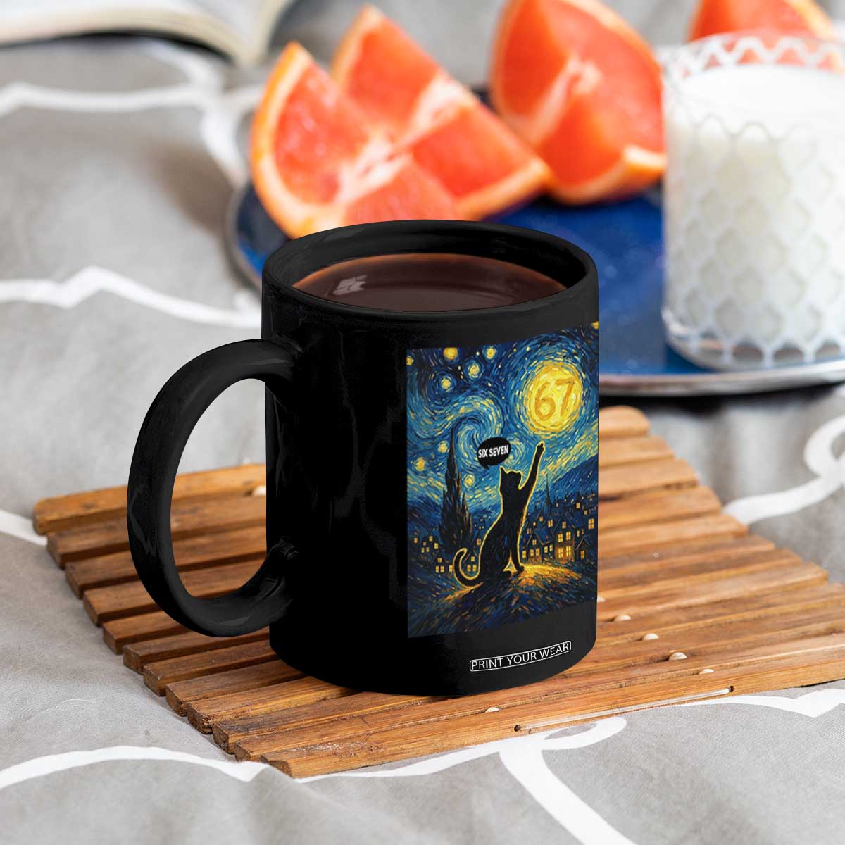 67 Cat Meme Coffee Mug Funny Six Seven Cat Starry Night Van Gogh TS14 Print Your Wear