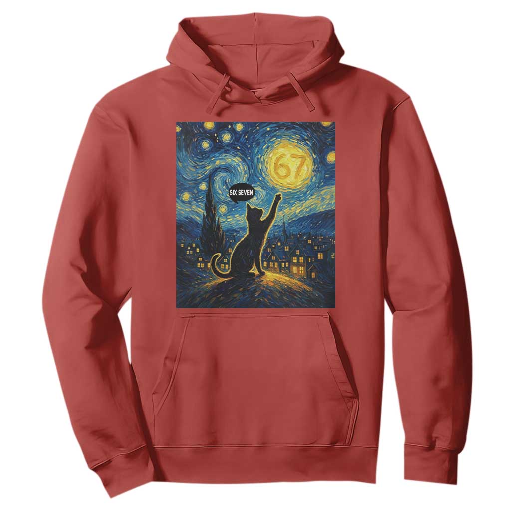 67 Cat Meme Hoodie Funny Six Seven Cat Starry Night Van Gogh TS14 Red Print Your Wear