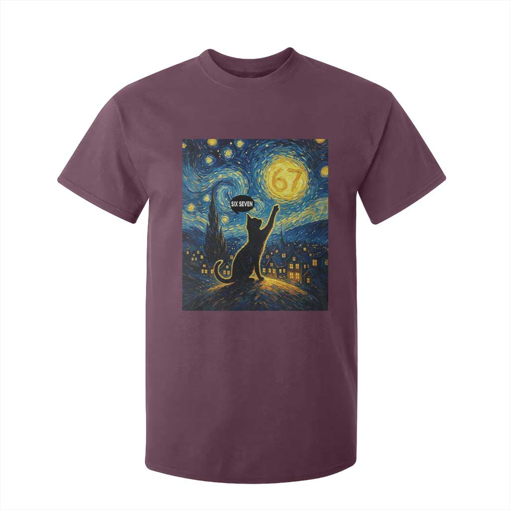 67 Cat Meme T Shirt For Kid Funny Six Seven Cat Starry Night Van Gogh TS14 Maroon Print Your Wear