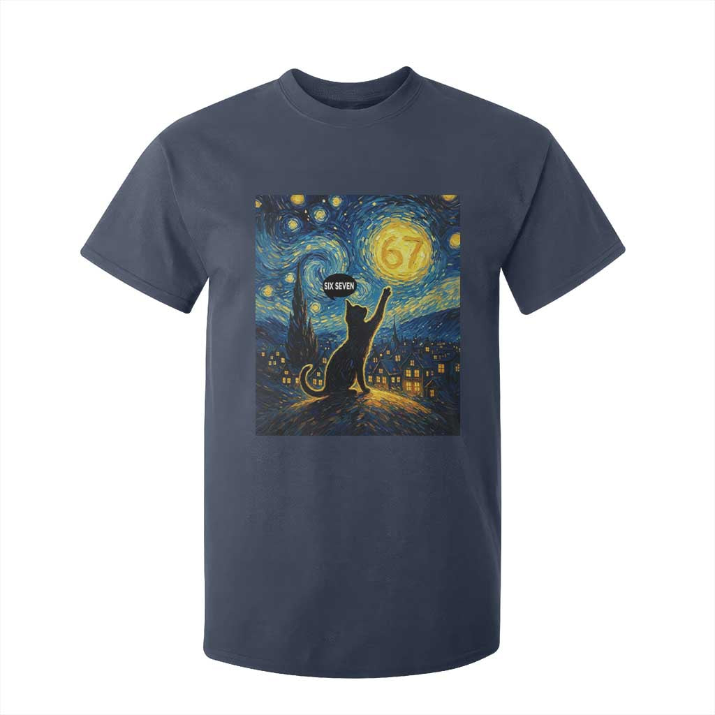 67 Cat Meme T Shirt For Kid Funny Six Seven Cat Starry Night Van Gogh TS14 Navy Print Your Wear