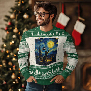 67 Cat Meme Ugly Christmas Sweater Funny Six Seven Cat Starry Night Van Gogh TS14 Beige Green Print Your Wear