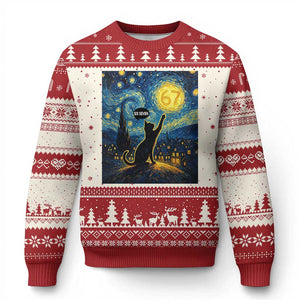67 Cat Meme Ugly Christmas Sweater Funny Six Seven Cat Starry Night Van Gogh TS14 Beige Red Print Your Wear