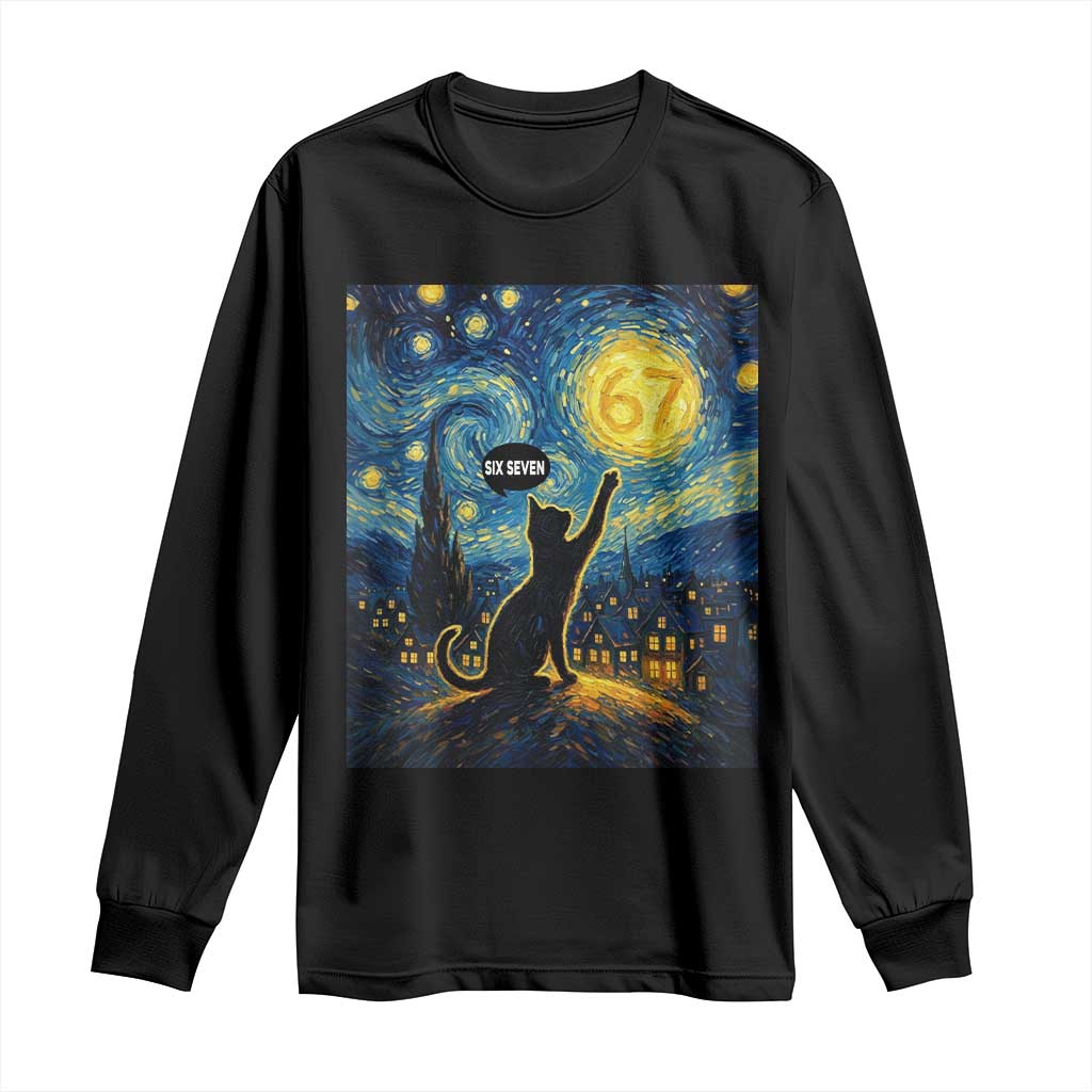 67 Cat Meme Long Sleeve Shirt Funny Six Seven Cat Starry Night Van Gogh TS14 Black Print Your Wear