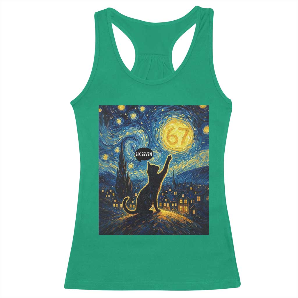 67 Cat Meme Racerback Tank Top Funny Six Seven Cat Starry Night Van Gogh TS14 Irish Green Print Your Wear