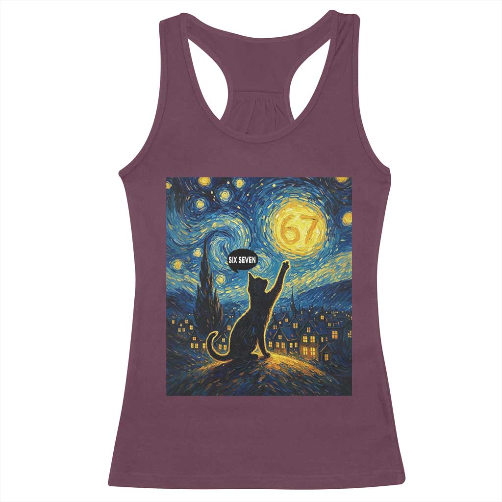 67 Cat Meme Racerback Tank Top Funny Six Seven Cat Starry Night Van Gogh TS14 Maroon Print Your Wear