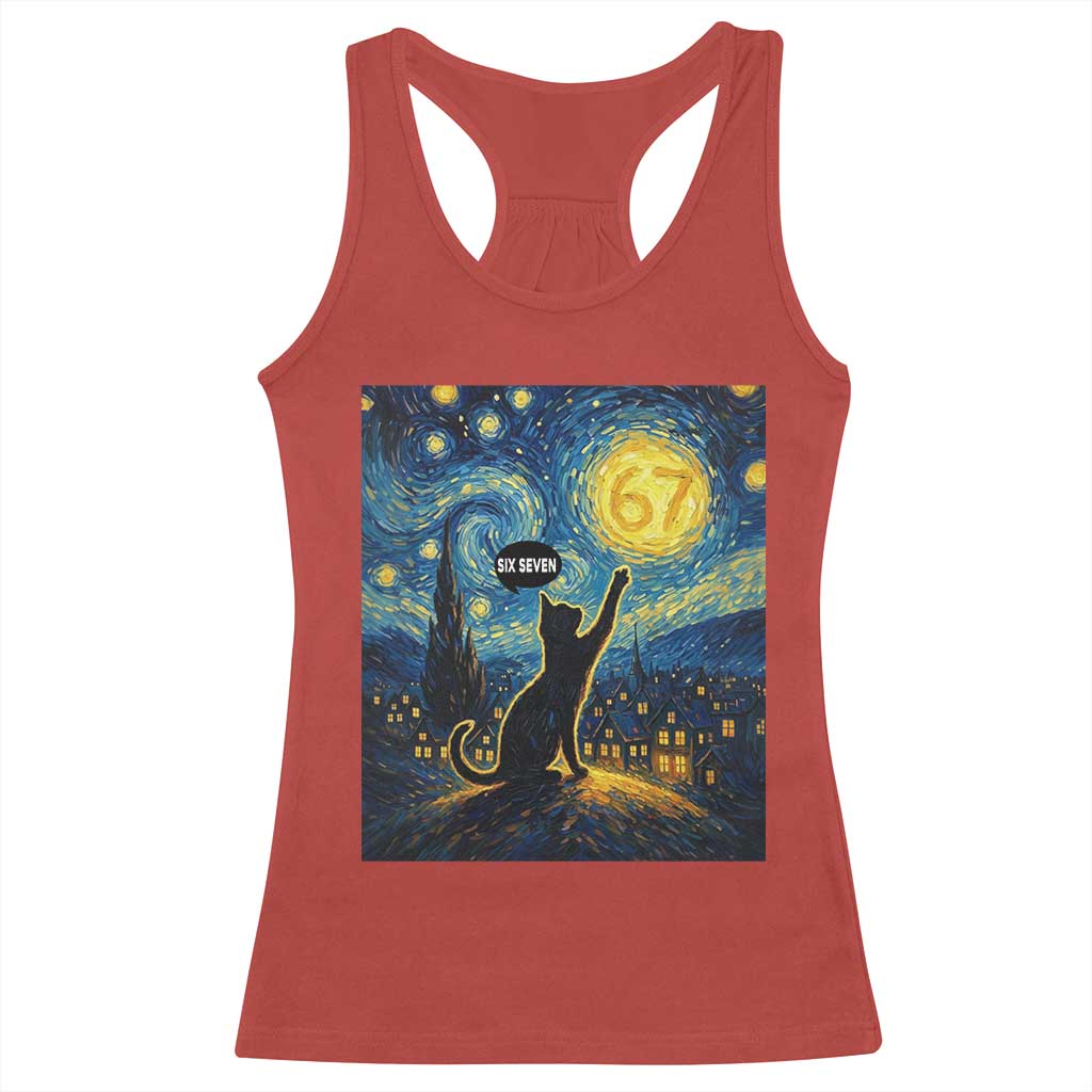 67 Cat Meme Racerback Tank Top Funny Six Seven Cat Starry Night Van Gogh TS14 Red Print Your Wear