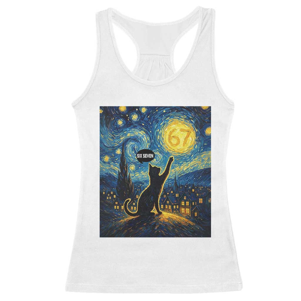 67 Cat Meme Racerback Tank Top Funny Six Seven Cat Starry Night Van Gogh TS14 White Print Your Wear