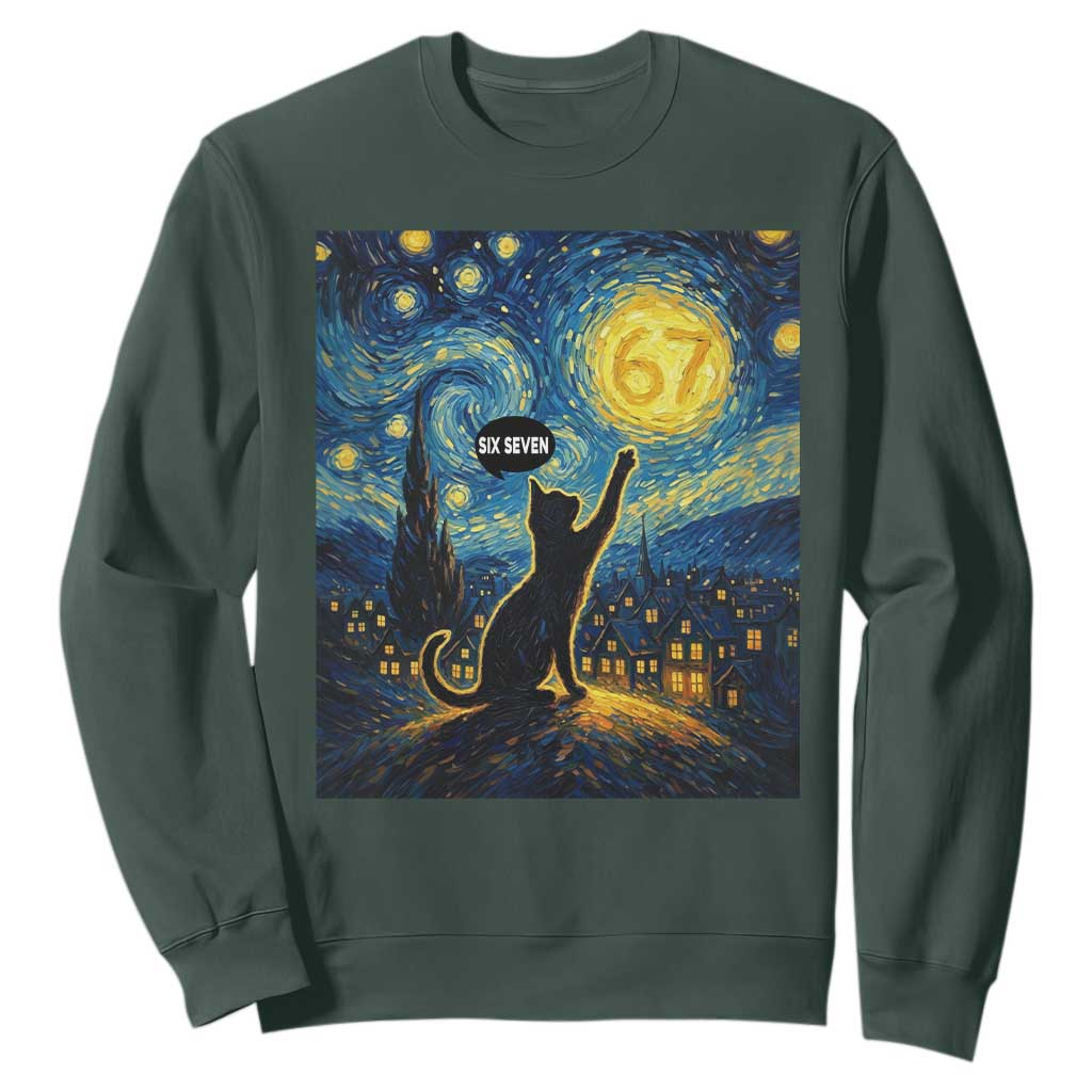 67 Cat Meme Sweatshirt Funny Six Seven Cat Starry Night Van Gogh TS14 Dark Forest Green Print Your Wear
