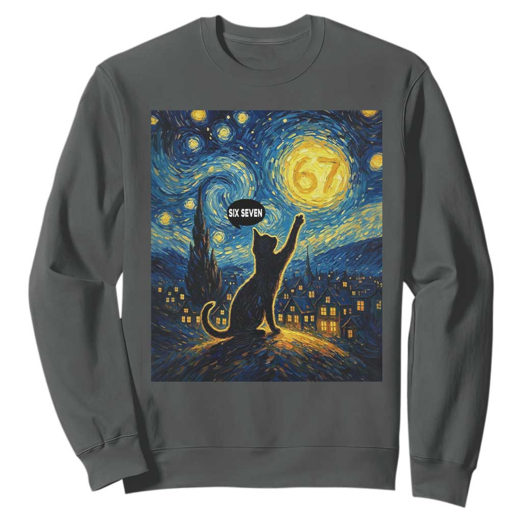67 Cat Meme Sweatshirt Funny Six Seven Cat Starry Night Van Gogh TS14 Dark Heather Print Your Wear