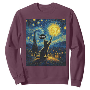 67 Cat Meme Sweatshirt Funny Six Seven Cat Starry Night Van Gogh TS14 Maroon Print Your Wear