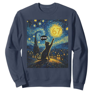 67 Cat Meme Sweatshirt Funny Six Seven Cat Starry Night Van Gogh TS14 Navy Print Your Wear
