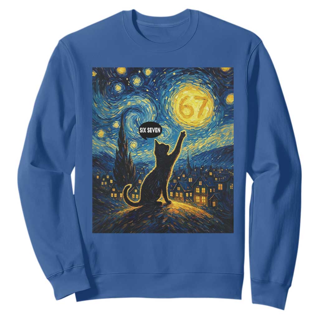 67 Cat Meme Sweatshirt Funny Six Seven Cat Starry Night Van Gogh TS14 Royal Blue Print Your Wear