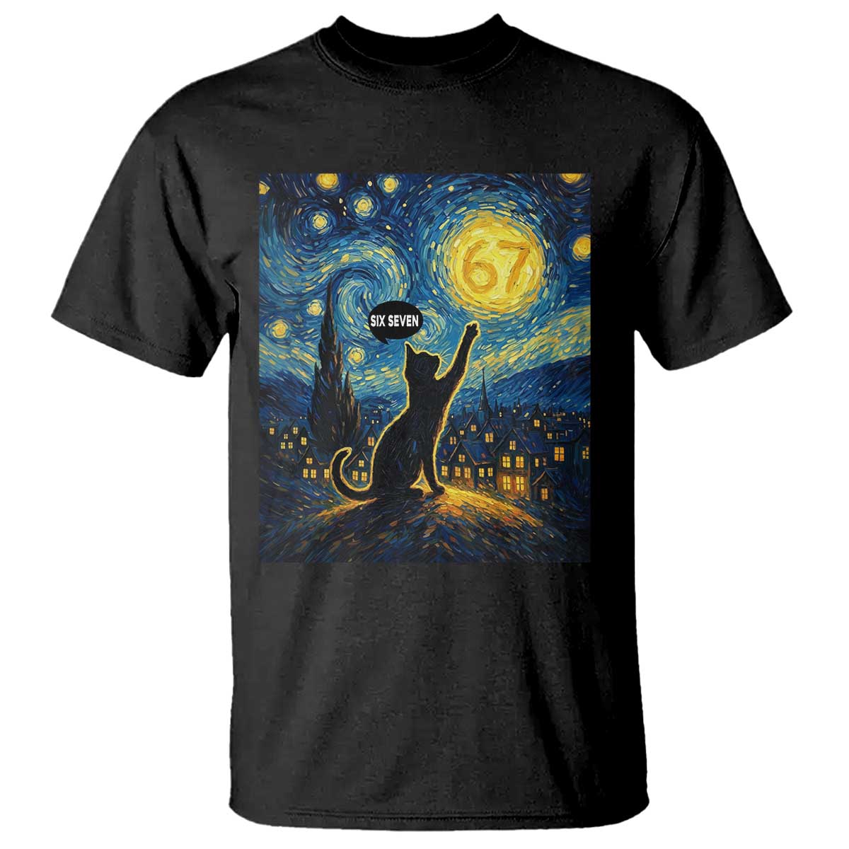 67 Cat Meme T Shirt Funny Six Seven Cat Starry Night Van Gogh TS14 Black Print Your Wear