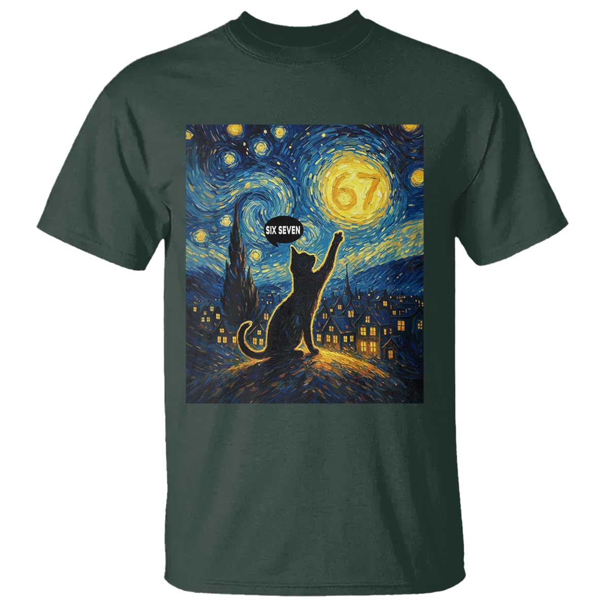 67 Cat Meme T Shirt Funny Six Seven Cat Starry Night Van Gogh TS14 Dark Forest Green Print Your Wear