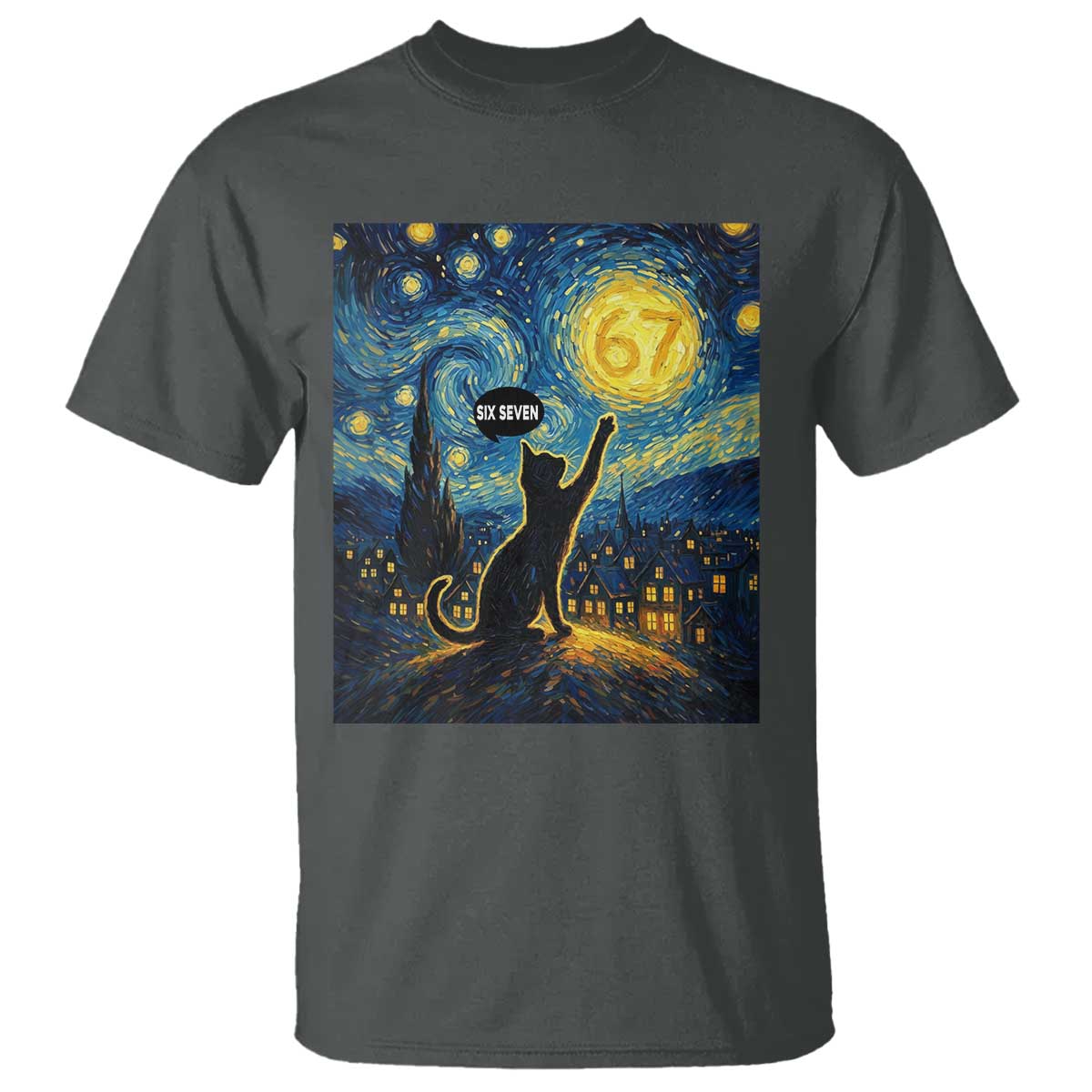 67 Cat Meme T Shirt Funny Six Seven Cat Starry Night Van Gogh TS14 Dark Heather Print Your Wear