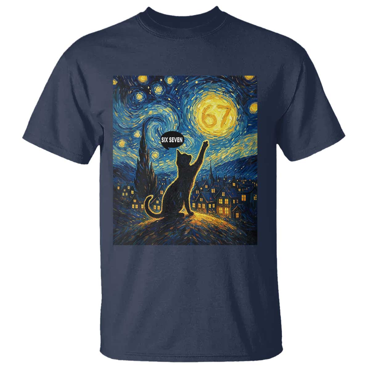 67 Cat Meme T Shirt Funny Six Seven Cat Starry Night Van Gogh TS14 Navy Print Your Wear