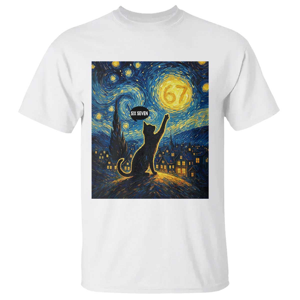 67 Cat Meme T Shirt Funny Six Seven Cat Starry Night Van Gogh TS14 White Print Your Wear