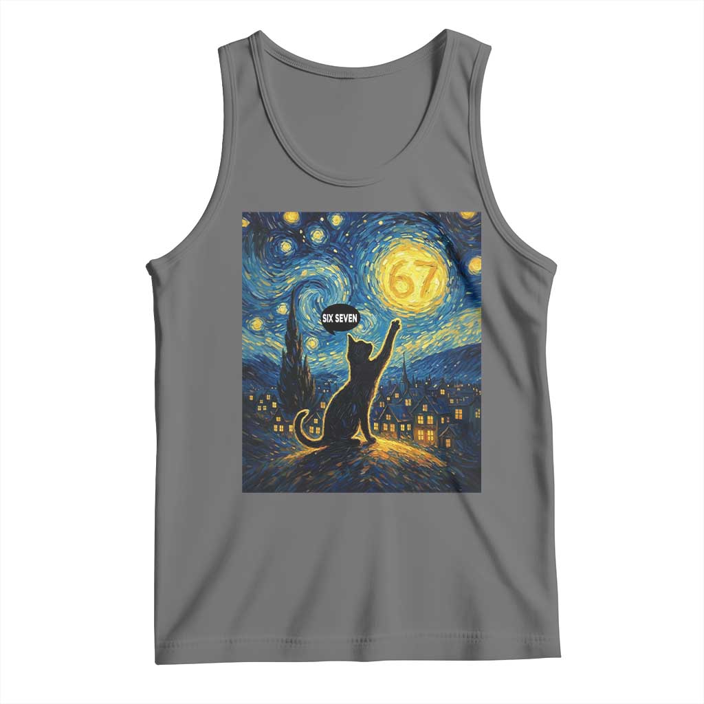 67 Cat Meme Tank Top Funny Six Seven Cat Starry Night Van Gogh TS14 Black Heather Print Your Wear