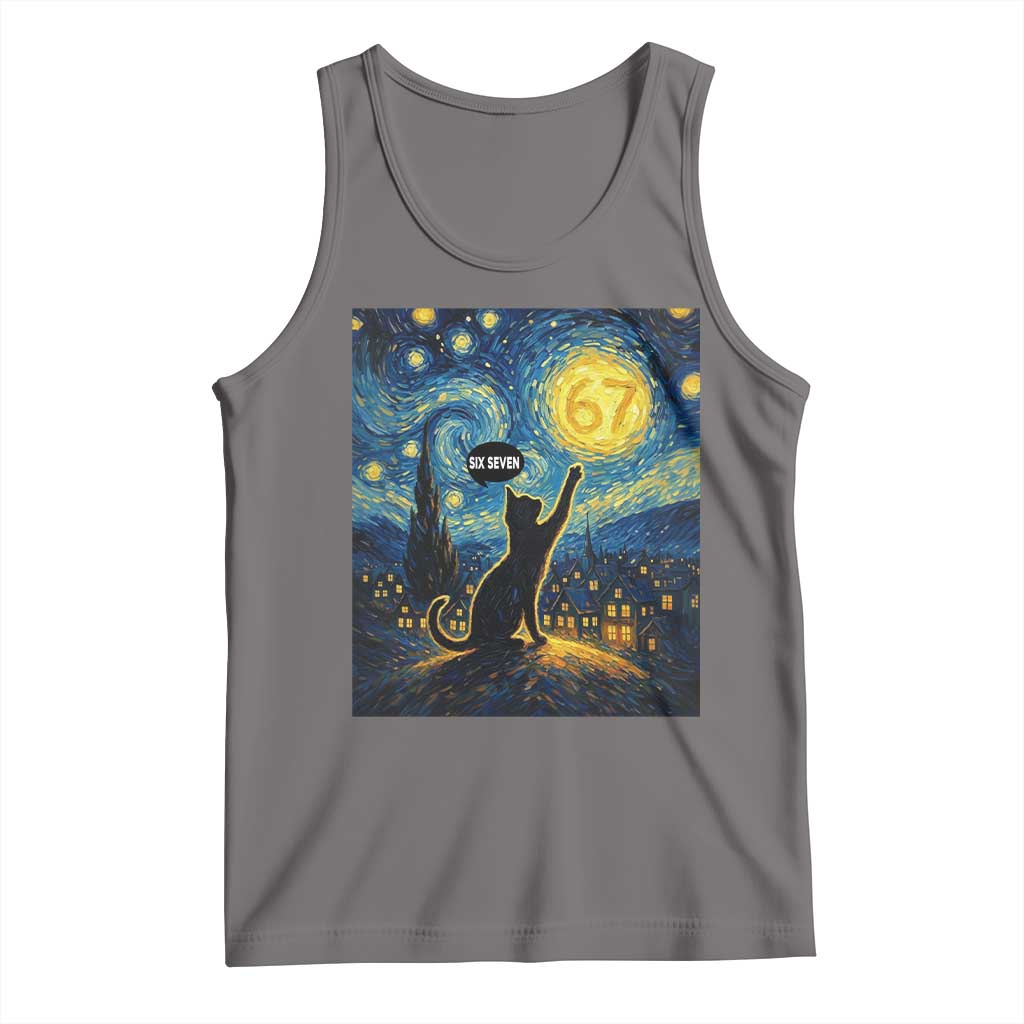 67 Cat Meme Tank Top Funny Six Seven Cat Starry Night Van Gogh TS14 Deep Heather Print Your Wear