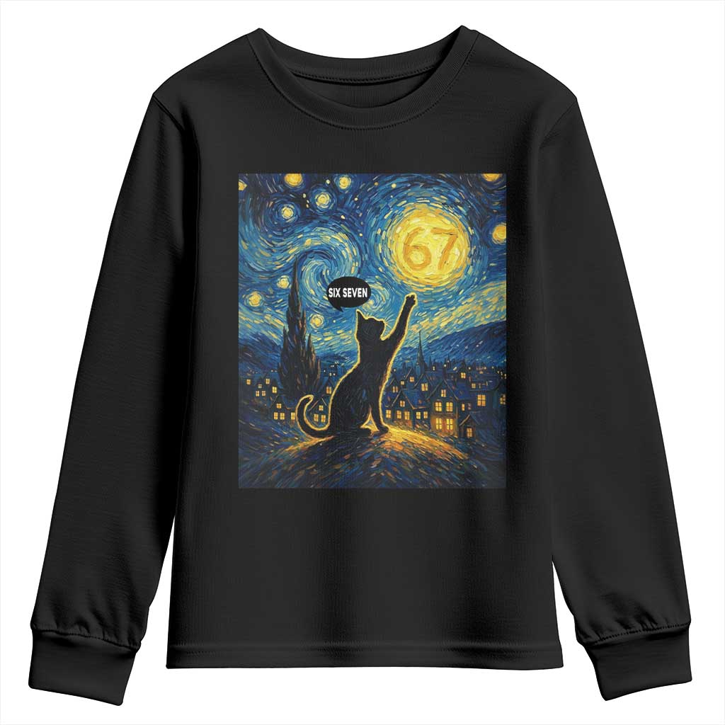 67 Cat Meme Youth Sweatshirt Funny Six Seven Cat Starry Night Van Gogh TS14 Black Print Your Wear