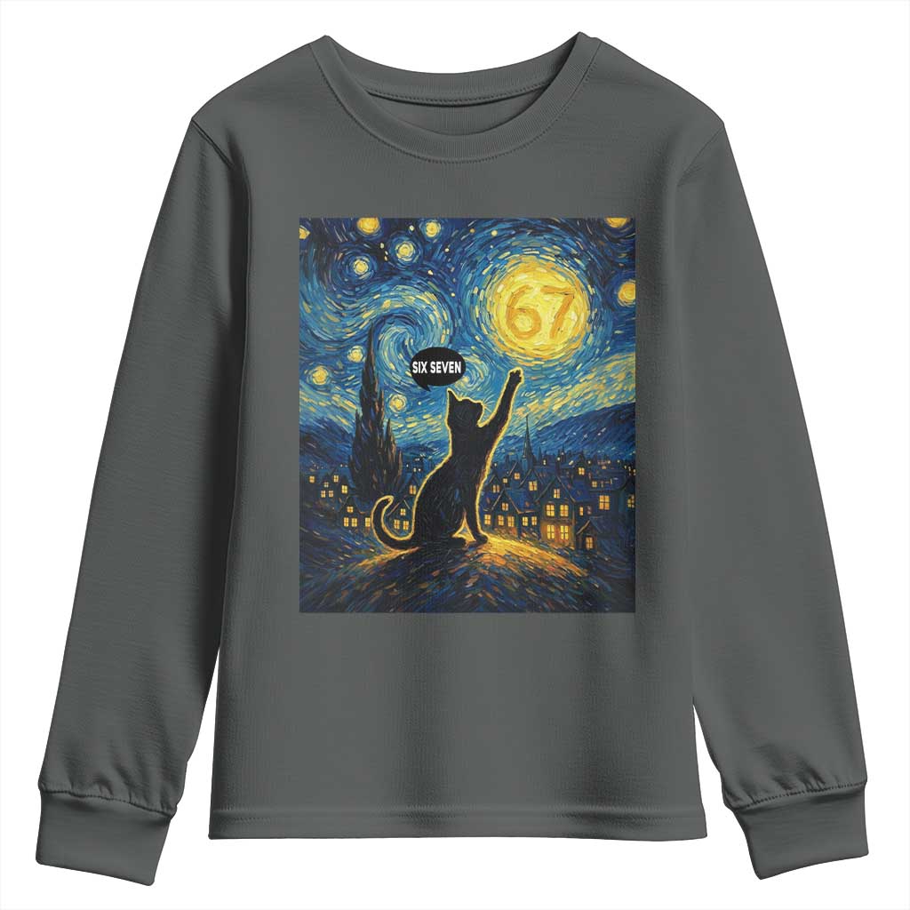 67 Cat Meme Youth Sweatshirt Funny Six Seven Cat Starry Night Van Gogh TS14 Dark Heather Print Your Wear