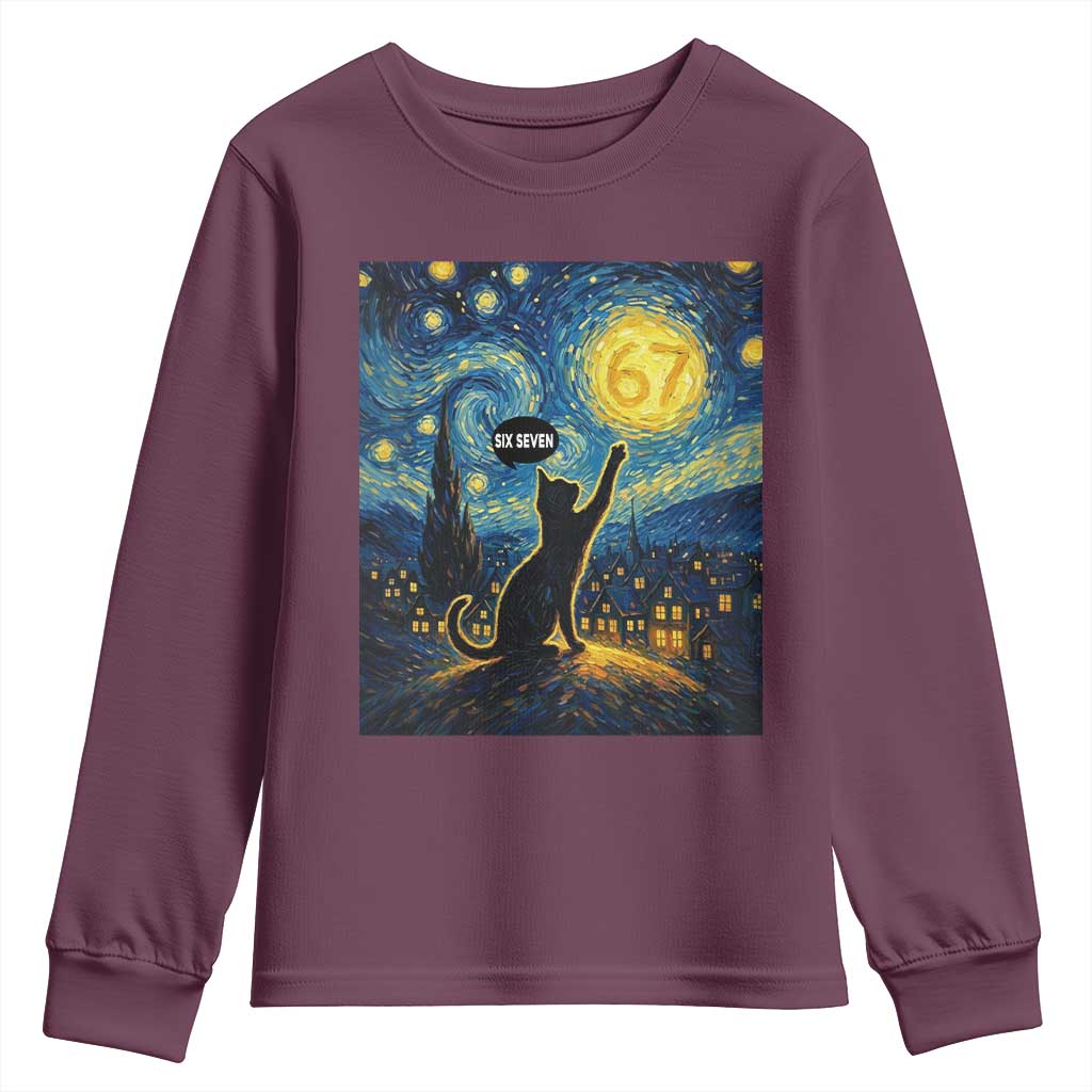 67 Cat Meme Youth Sweatshirt Funny Six Seven Cat Starry Night Van Gogh TS14 Maroon Print Your Wear