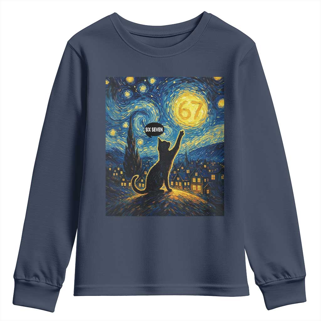 67 Cat Meme Youth Sweatshirt Funny Six Seven Cat Starry Night Van Gogh TS14 Navy Print Your Wear