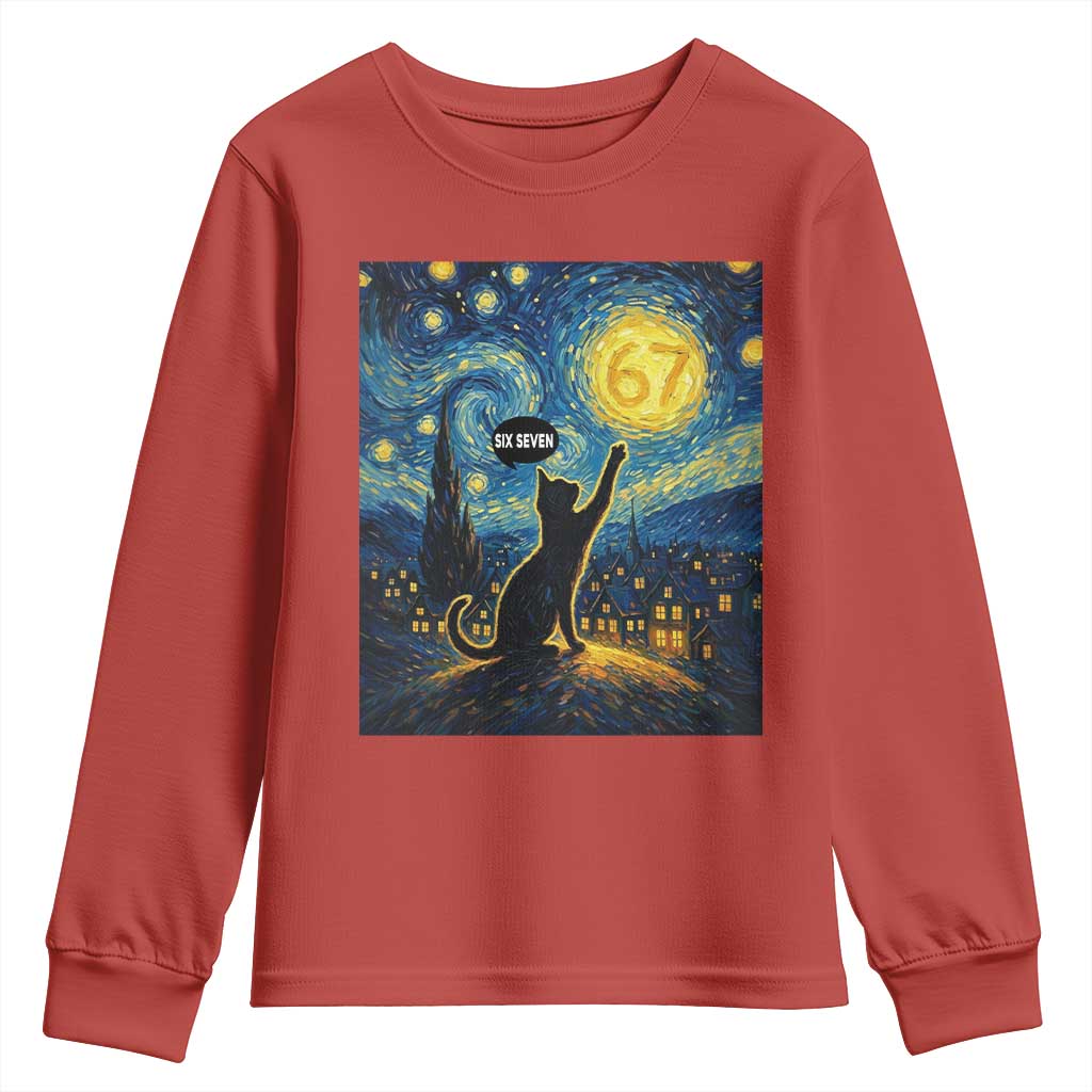 67 Cat Meme Youth Sweatshirt Funny Six Seven Cat Starry Night Van Gogh TS14 Red Print Your Wear