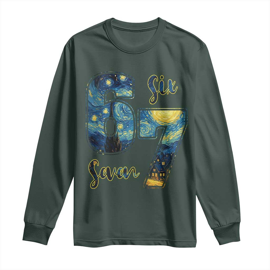 67 Six Seven Meme Long Sleeve Shirt Starry Night Van Gogh TS14 Dark Forest Green Print Your Wear