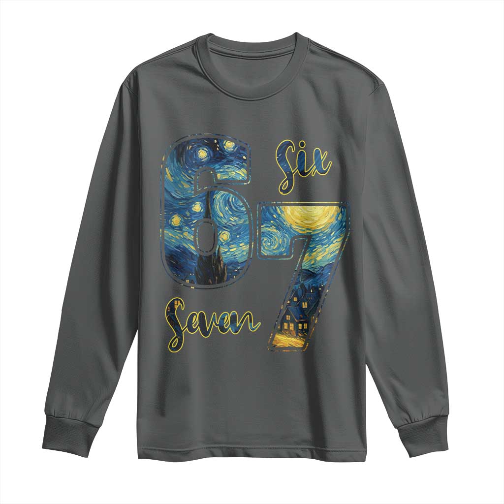 67 Six Seven Meme Long Sleeve Shirt Starry Night Van Gogh TS14 Dark Heather Print Your Wear