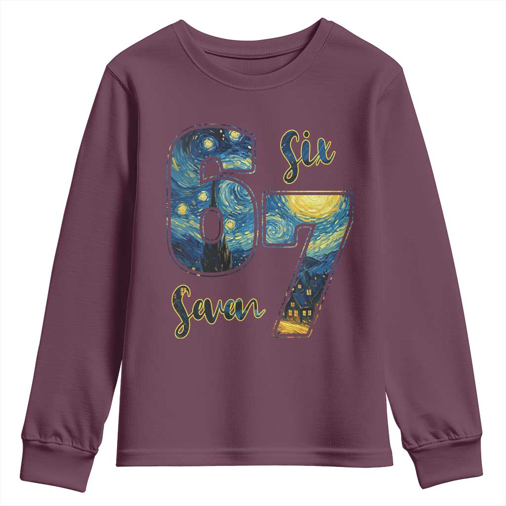 67 Six Seven Meme Youth Sweatshirt Starry Night Van Gogh TS14 Maroon Print Your Wear