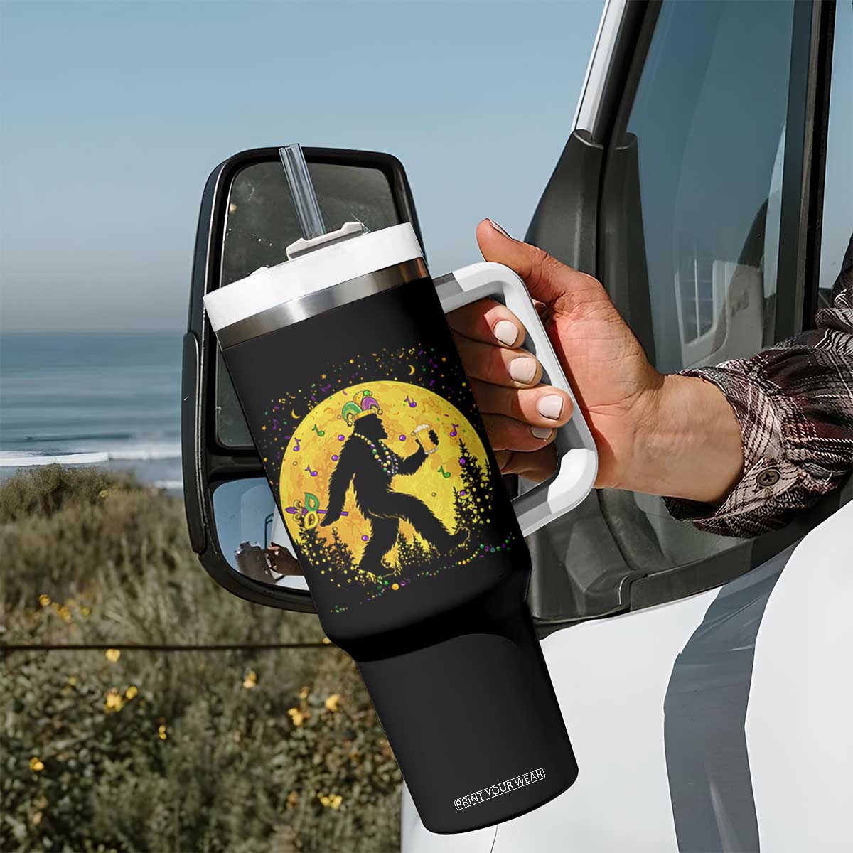 Mardi Gras Bigfoot Tumbler With Handle Funny Sasquatch Carnival Trendy Meme TS14 Print Your Wear