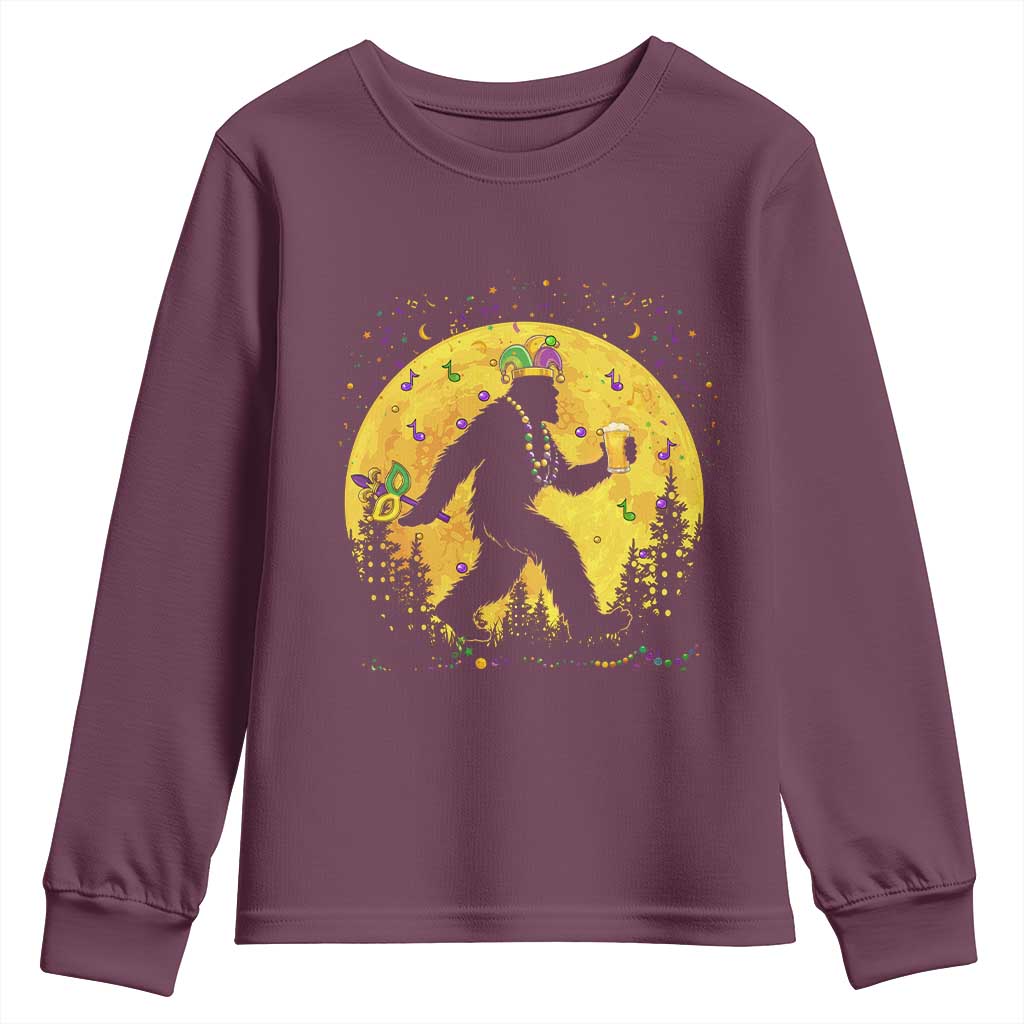 Mardi Gras Bigfoot Youth Sweatshirt Funny Sasquatch Carnival Trendy Meme TS14 Maroon Print Your Wear