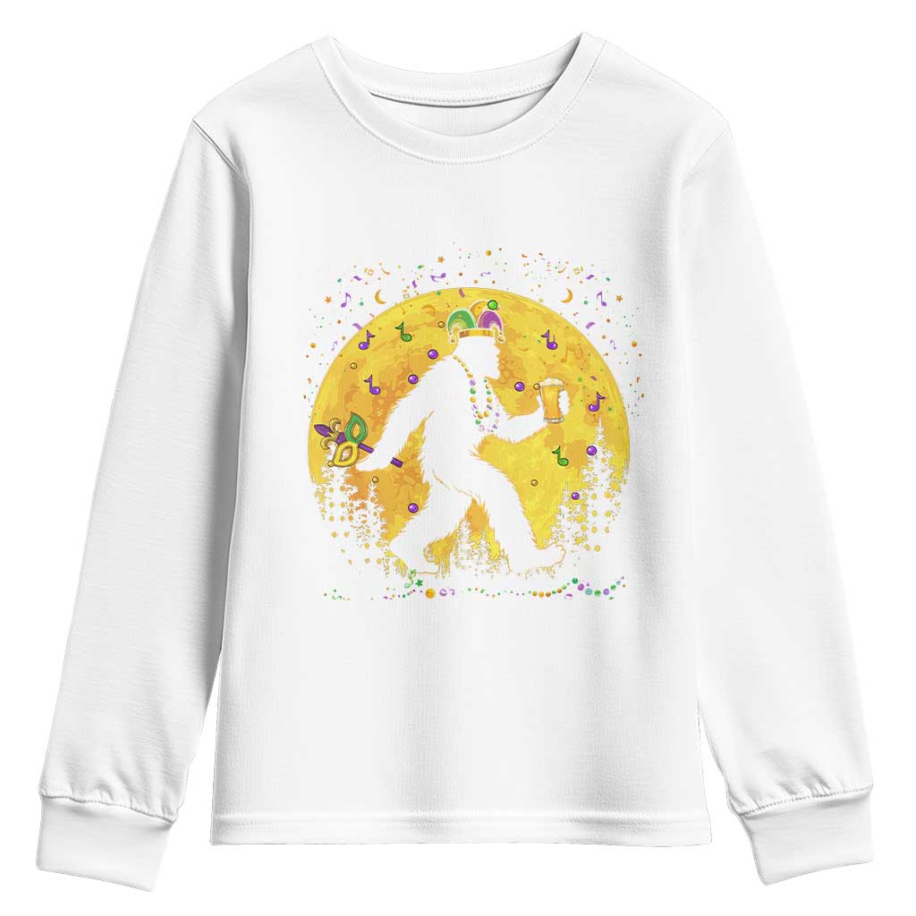 Mardi Gras Bigfoot Youth Sweatshirt Funny Sasquatch Carnival Trendy Meme TS14 White Print Your Wear