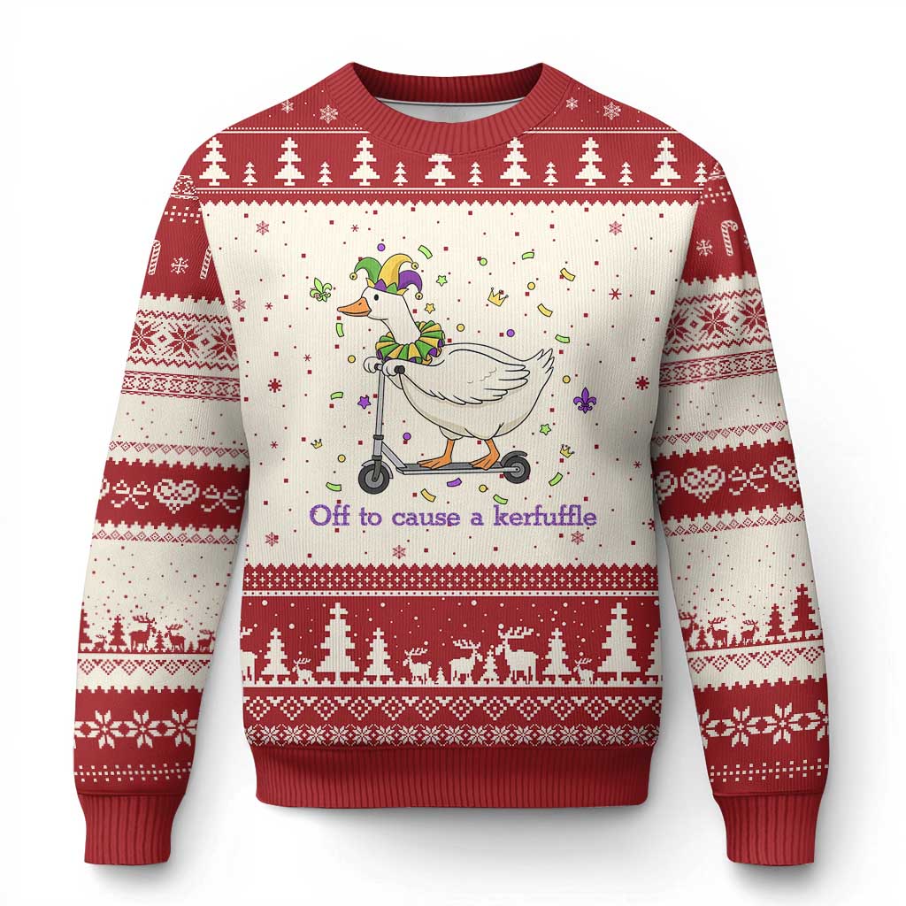 Mardi Gras Silly Goose Ugly Christmas Sweater Off To Cause A Kerfuffle TS14 Beige Red Print Your Wear